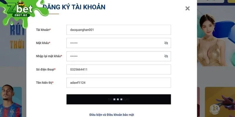 Điền thông tin đăng ký ZBET để mở tài khoản