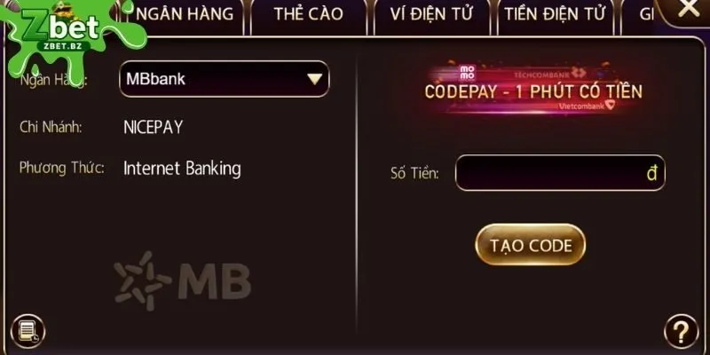 Phương thức nạp tiền ZBET